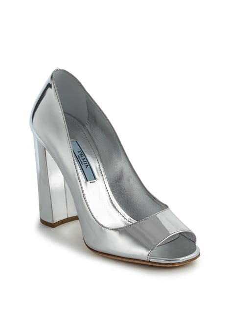 prada metallic leather peep toe pumps|Prada boots and pumps.